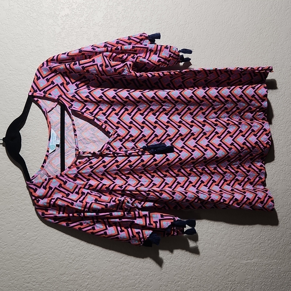 Escapada Blouse Size L Aztec Western Tassels Top Pink Blue Orange